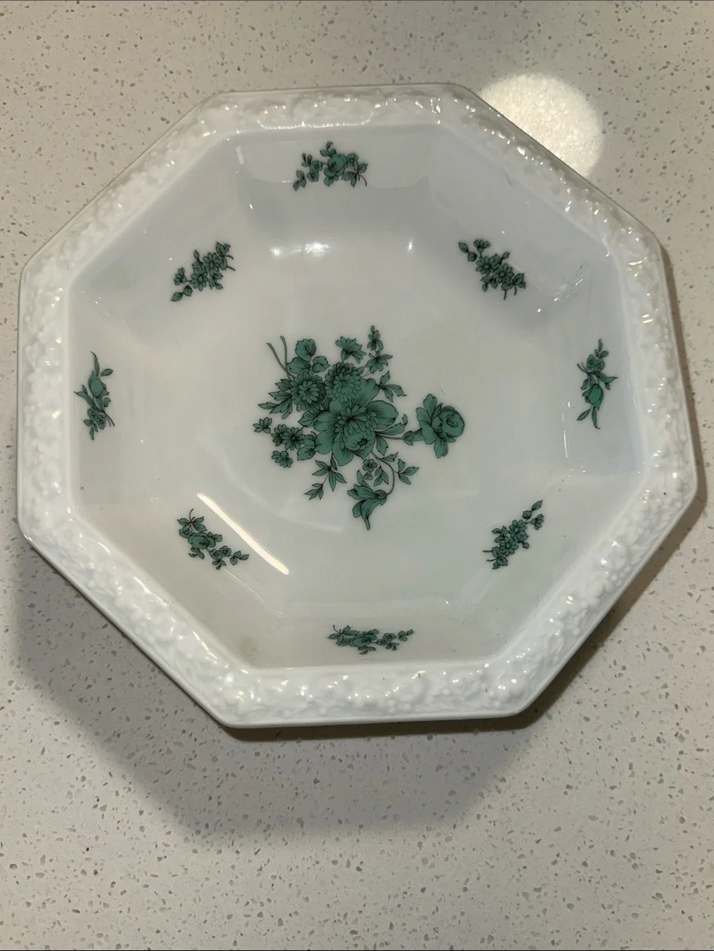 Rosenthal White Octagonal Porcelain Bowl with Green Floral Motif